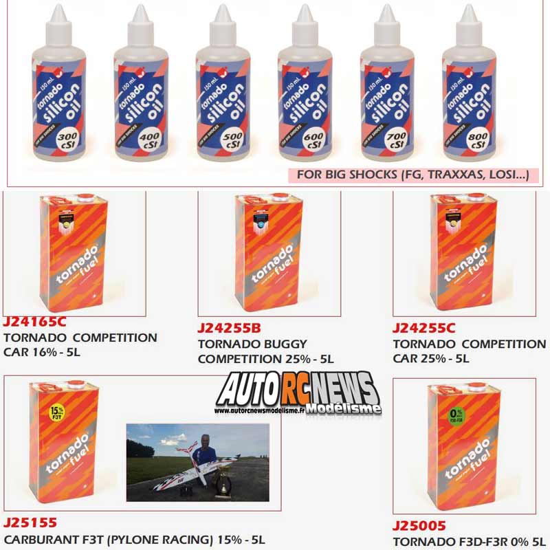 nouveaux bidons de carburant tornado carrés en 5 litres et huiles tornado 150 ml pour gros amortisseurs.