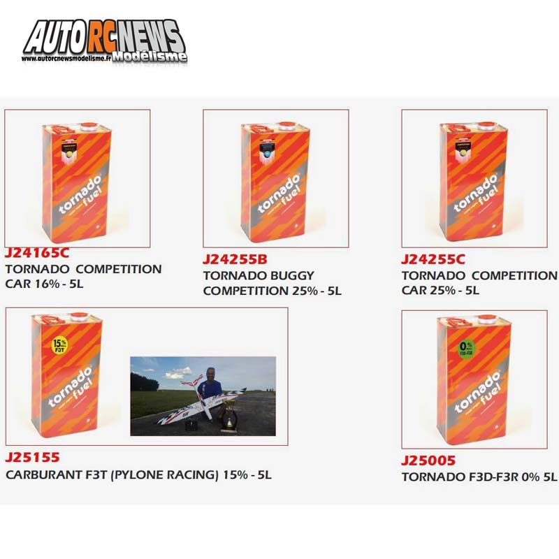 nouveaux bidons de carburant tornado carrés en 5 litres et huiles tornado 150 ml pour gros amortisseurs.