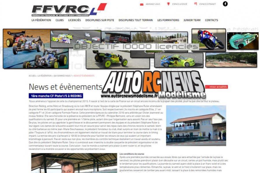 reportage sur le site de la ffvrc de la 1ère cf piste 1/5ème réding tourisme elite, ff et f1 club abcr les 26 et 27 mars 2016