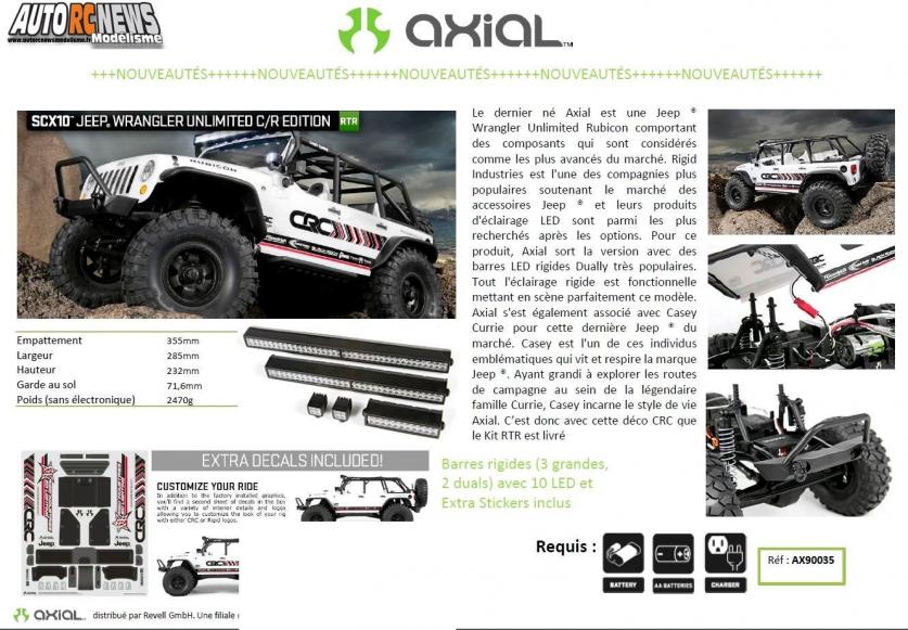 Axial SCX10 Jeep Wrangler Unlimited Rubicon #ax90035 Nouvelle version dotée d'une déco CRC distribuée par Revelle France et disponible fin juin 2014. Axial SCX10 Jeep Wrangler Unlimited Rubicon #ax90035 Nouvelle version dotée d'une déco CRC distribuée par Revelle France et disponible fin juin 2014.