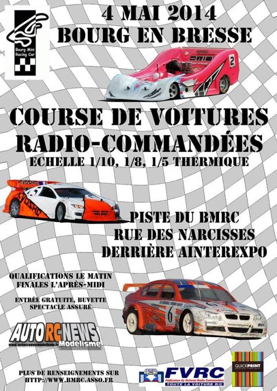 Championnat régional de voitures radiocommandées de piste thermiques organisé le dimanche 4 mai 2014 par le club Bourg Mini Racing Car sur la piste de Bourg en Bresse. Championnat régional de voitures radiocommandées de piste thermiques organisé le dimanche 4 mai 2014 par le club Bourg Mini Racing Car sur la piste de Bourg en Bresse.